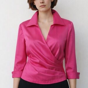 TADASHI Shoji Blouse Size 10 Hot Pink Taffeta Classy Luxury Evening Ruched Top
